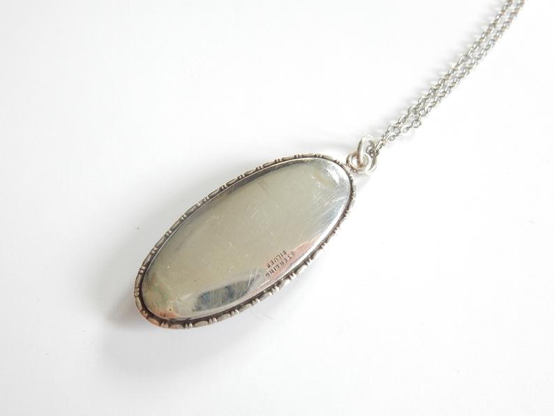 Antique Art Deco Morpho Butterfly Wing Pendant Necklace Sterling Silver
