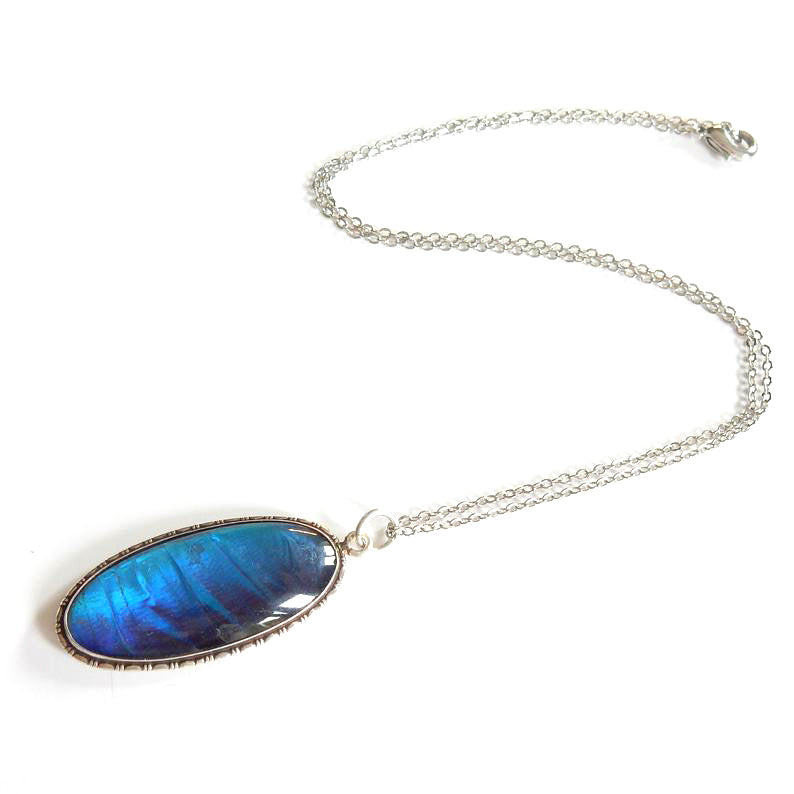 Antique Art Deco Morpho Butterfly Wing Pendant Necklace Sterling Silver