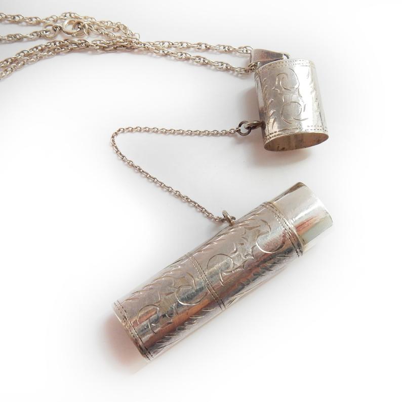 Vintage HMS Solid Silver Sewing Needle Thimble with Solid Silver 30" Chain