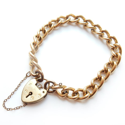 Vintage Antique Rolled Gold Curb Bracelet Gold Padlock Heart