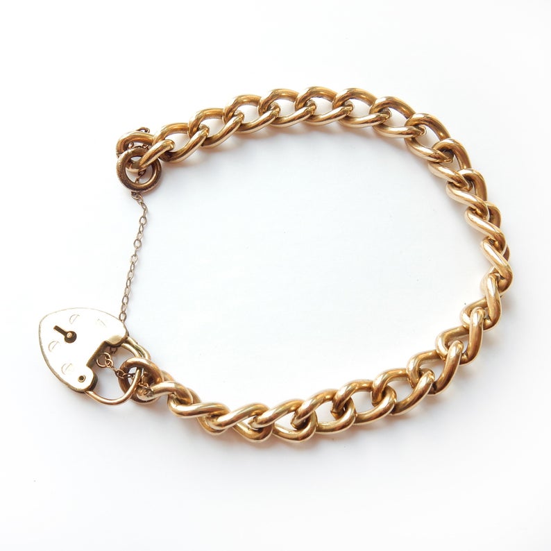 Vintage Antique Rolled Gold Curb Bracelet Gold Padlock Heart
