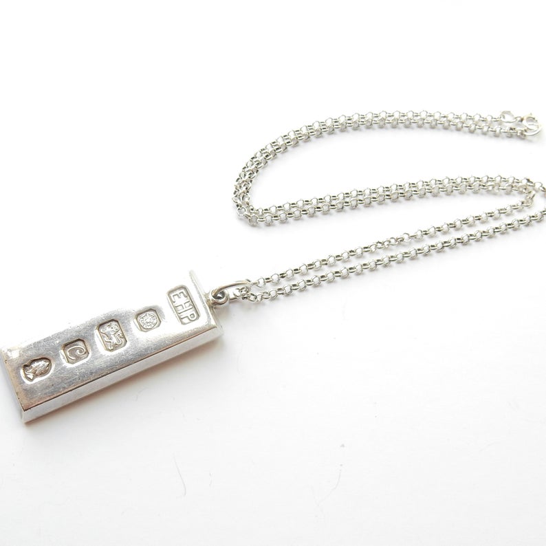 Large Vintage HMS Sterling Silver Ingot Pendant & 18" Chain Sheffield 1977 34grams