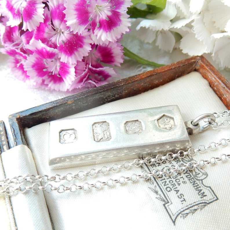 Large Vintage HMS Sterling Silver Ingot Pendant & 18" Chain Sheffield 1979 34grams