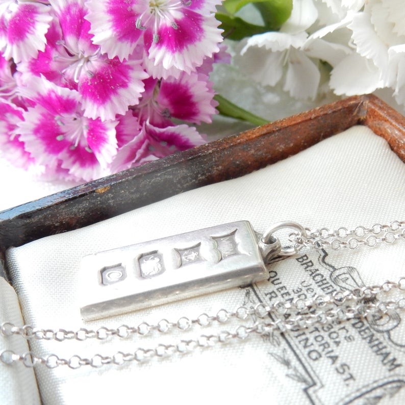 Vintage HMS Sterling Silver Ingot Pendant & 16" Chain Bham 1977 9.1grams