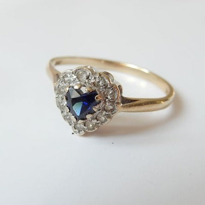 Vintage 9ct Gold Sapphire & Diamond Paste Heart Ring US Size 6.5 UK O