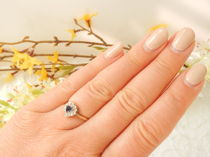 Vintage 9ct Gold Sapphire & Diamond Paste Heart Ring US Size 6.5 UK O