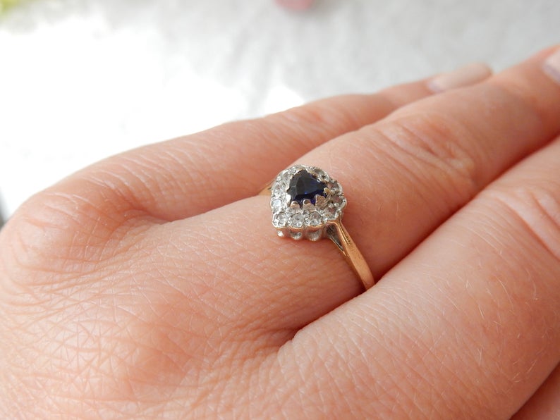 Vintage 9ct Gold Sapphire & Diamond Paste Heart Ring US Size 6.5 UK O