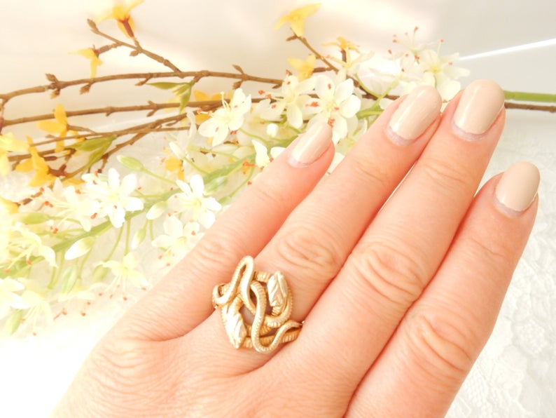 Vintage Solid Silver Vermeil Gold Snake Ring Size 8 3/4