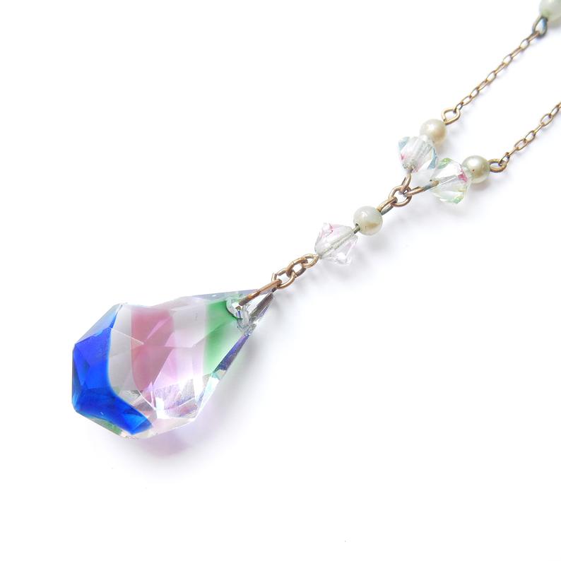 Antique Art Deco Iris Rainbow Glass Lavalier Bead Necklace