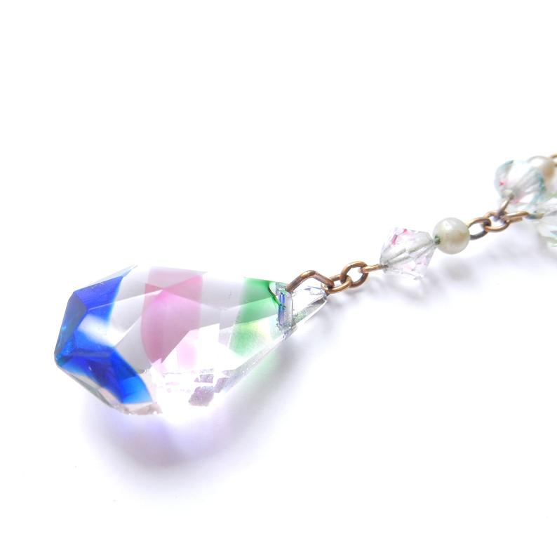 Antique Art Deco Iris Rainbow Glass Lavalier Bead Necklace