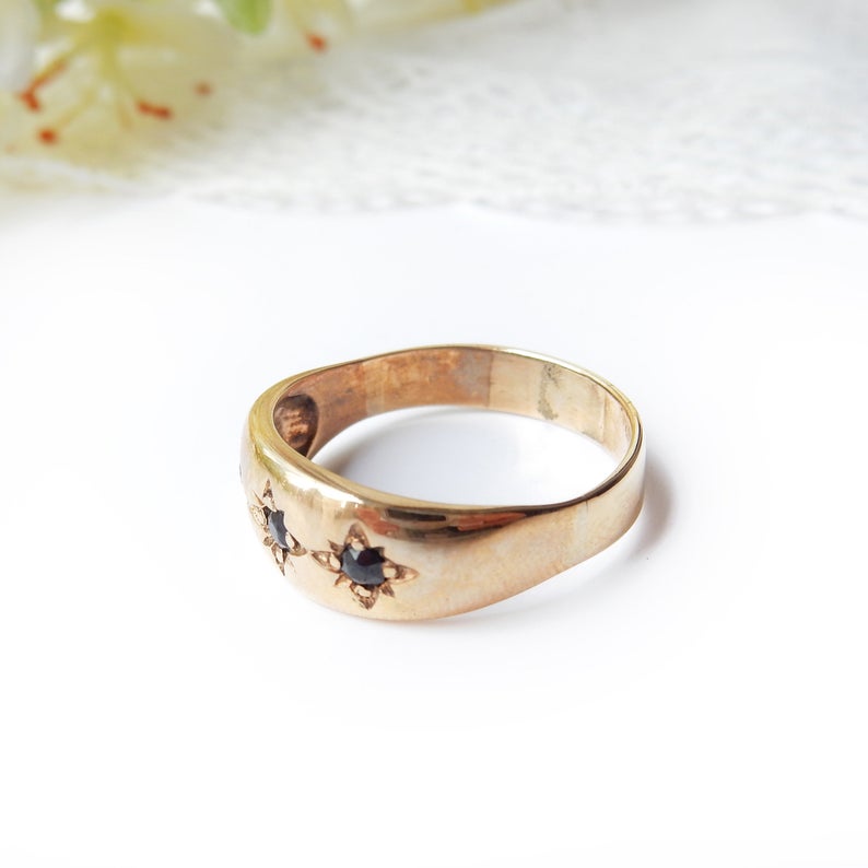 Antique 9 Carat Gold Sapphire Ring Celestial Gold Band Size 10