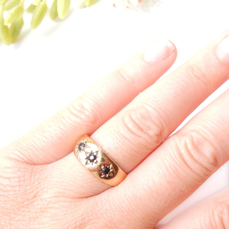 Antique 9 Carat Gold Sapphire Ring Celestial Gold Band Size 10