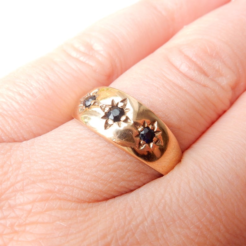 Antique 9 Carat Gold Sapphire Ring Celestial Gold Band Size 10