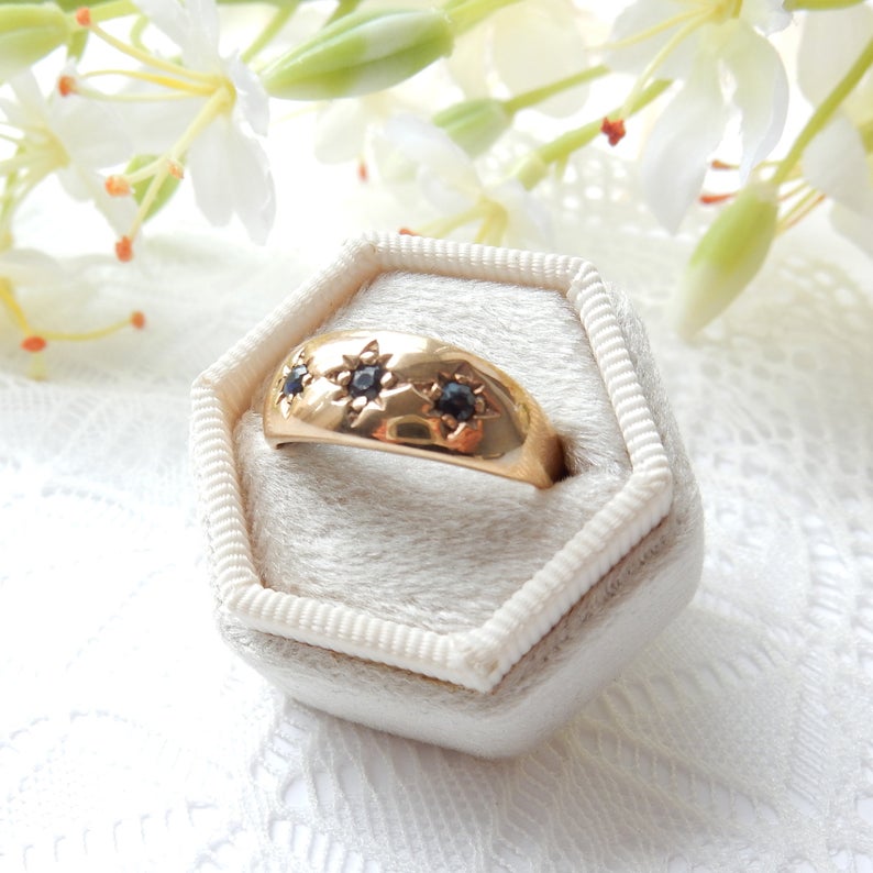 Antique 9 Carat Gold Sapphire Ring Celestial Gold Band Size 10