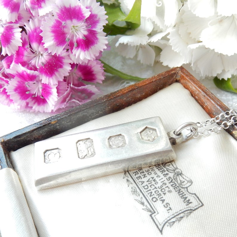 Large Vintage HMS Sterling Silver Ingot Pendant & 18" Chain Sheffield 1979 34grams
