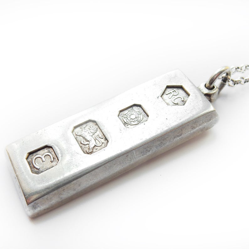 Large Vintage HMS Sterling Silver Ingot Pendant & 18" Chain Sheffield 1979 34grams