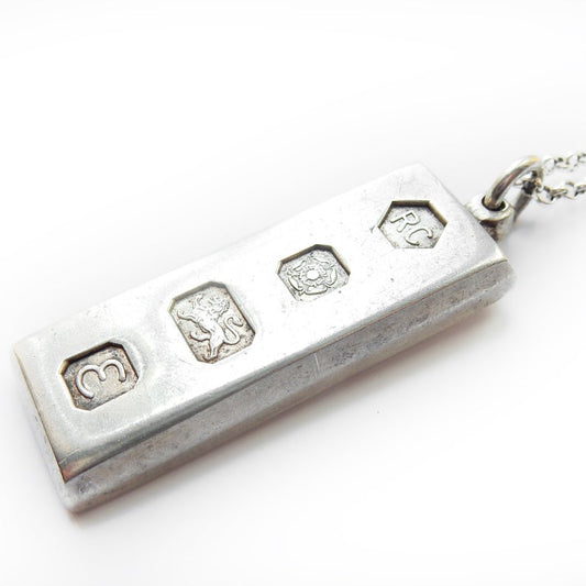 Large Vintage HMS Sterling Silver Ingot Pendant & 18" Chain Sheffield 1979 34grams