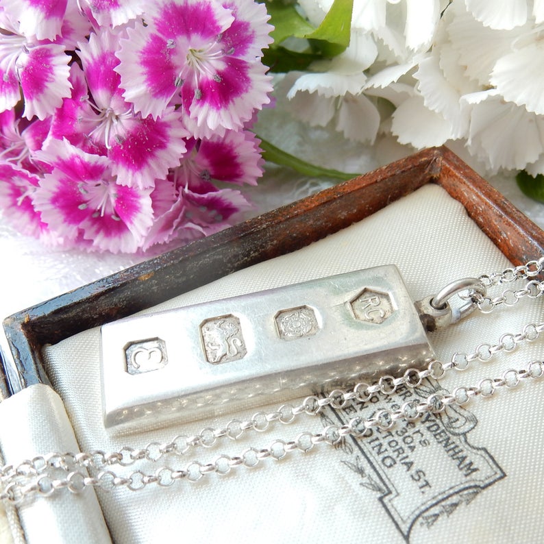 Large Vintage HMS Sterling Silver Ingot Pendant & 18" Chain Sheffield 1979 34grams