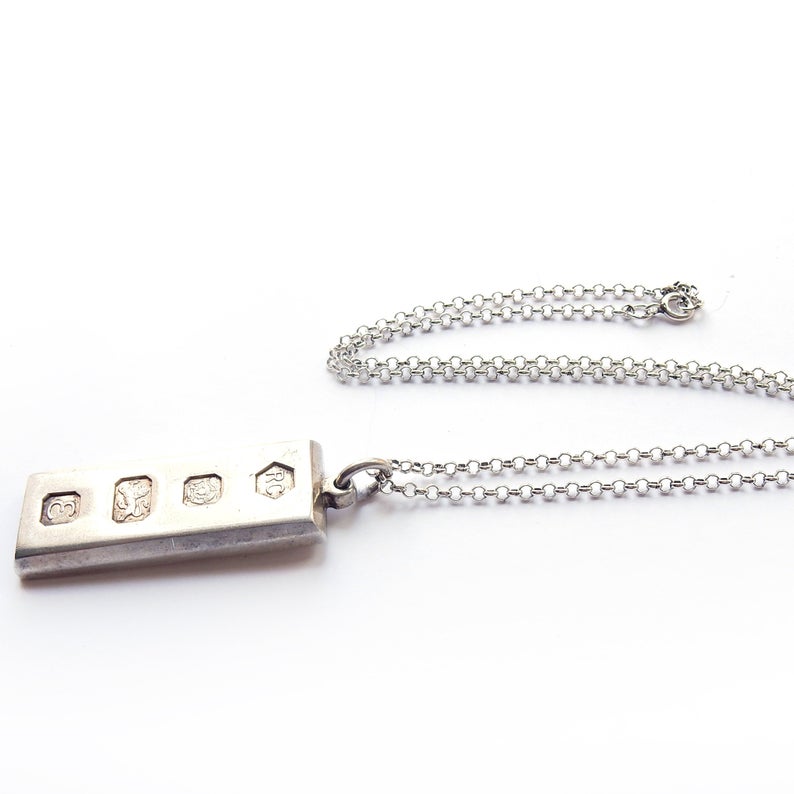 Large Vintage HMS Sterling Silver Ingot Pendant & 18" Chain Sheffield 1979 34grams