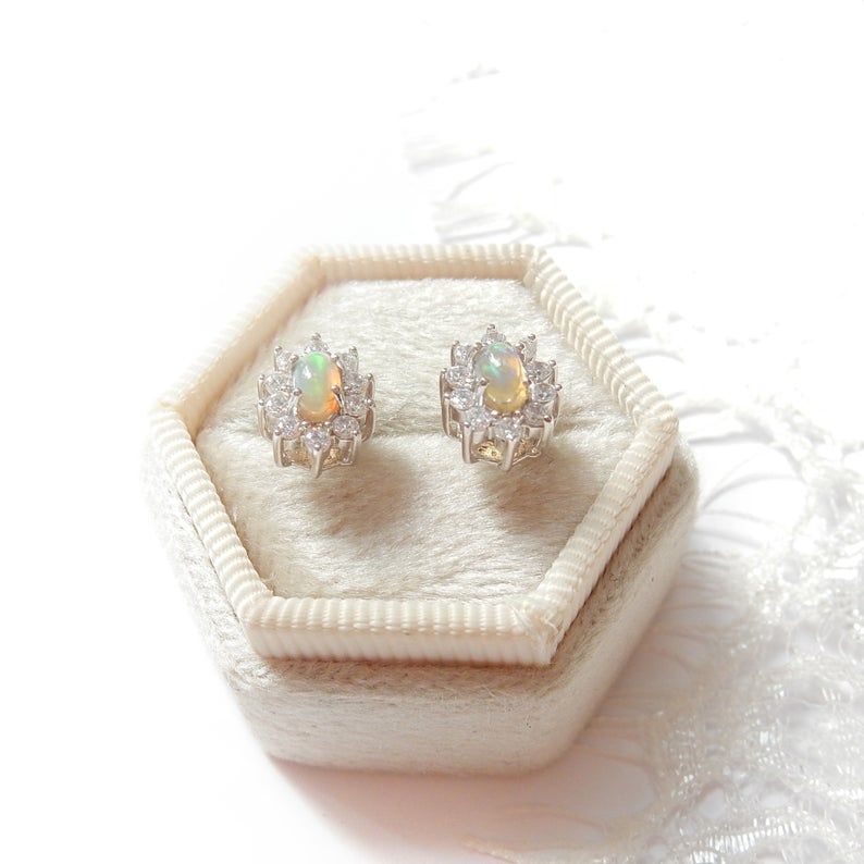 Vintage Sterling Silver Jelly Opal CZ Stud Earrings October Birthstone