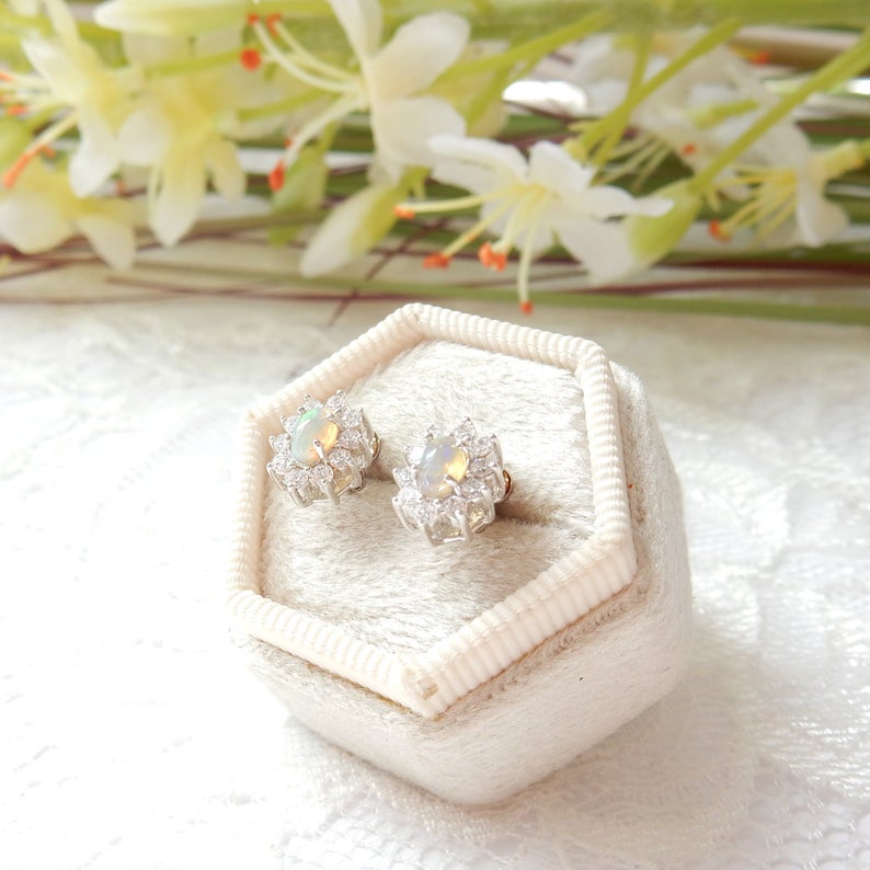 Vintage Sterling Silver Jelly Opal CZ Stud Earrings October Birthstone