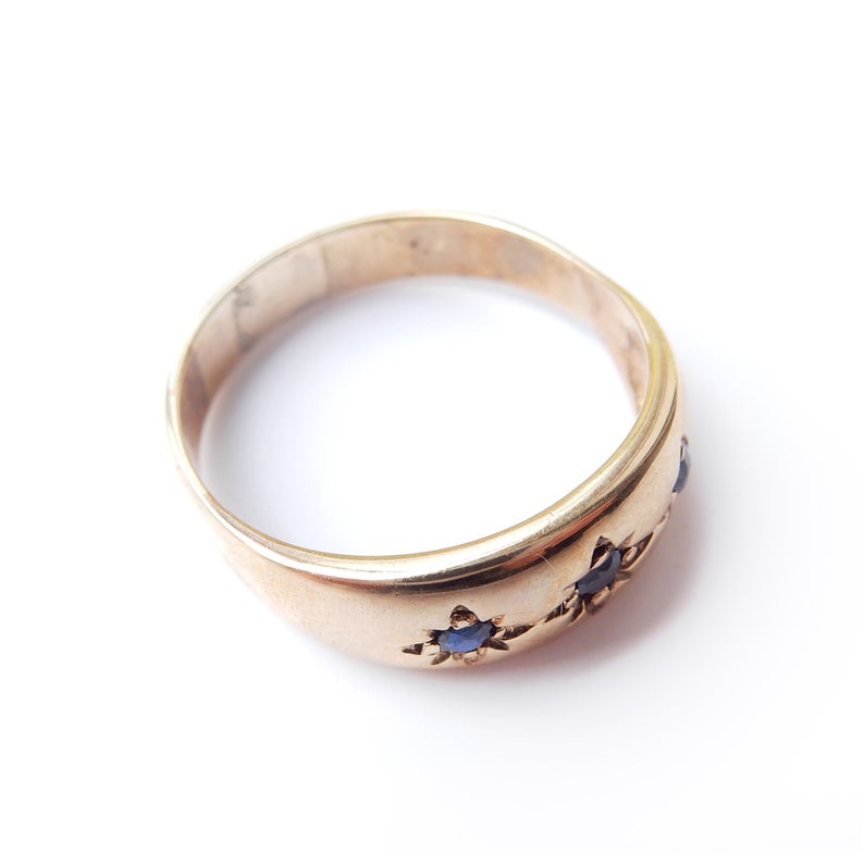 Antique 9 Carat Gold Sapphire Gypsy Ring Celestial Gold Band Size 10