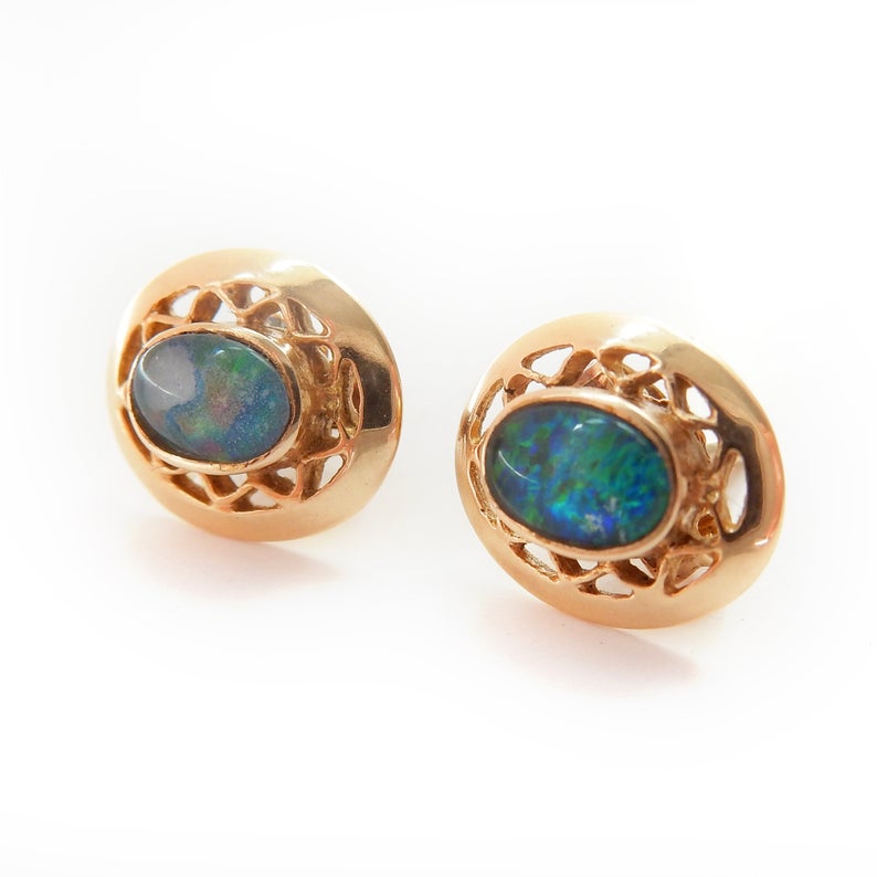 Vintage 14 Carat Gold Opal Stud Earrings October Birthstone