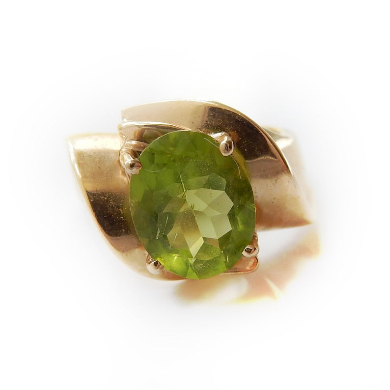 Vintage Modernist 10k Gold Lime Green Spinel Ring US Size 5 UK O