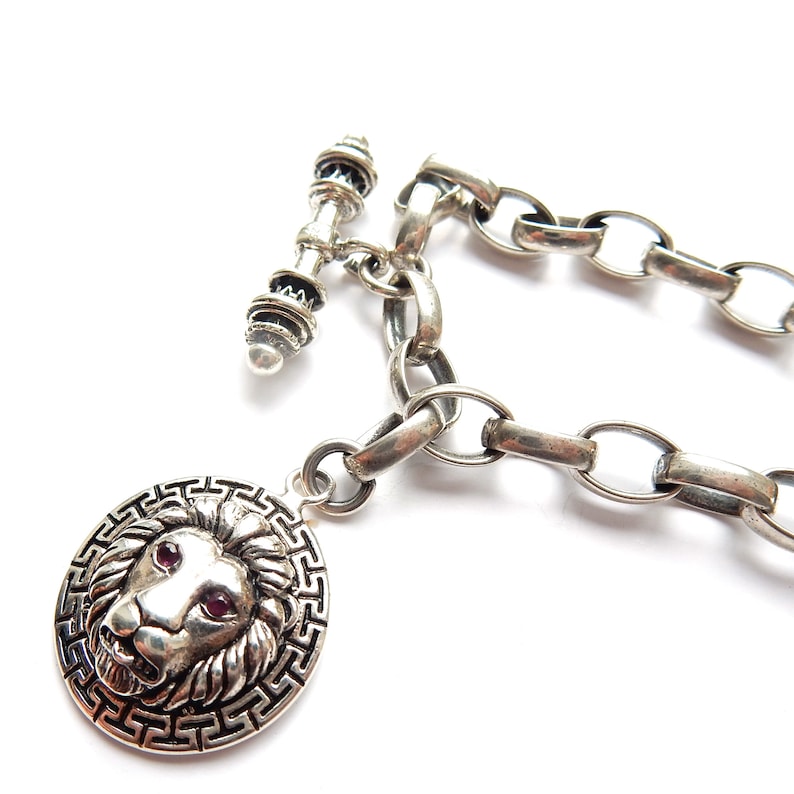 Chunky Sterling Silver Belcher T Bar Chain Ruby Lion Fob 20inches