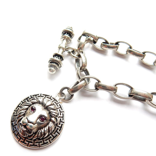 Chunky Sterling Silver Belcher T Bar Chain Ruby Lion Fob 20inches
