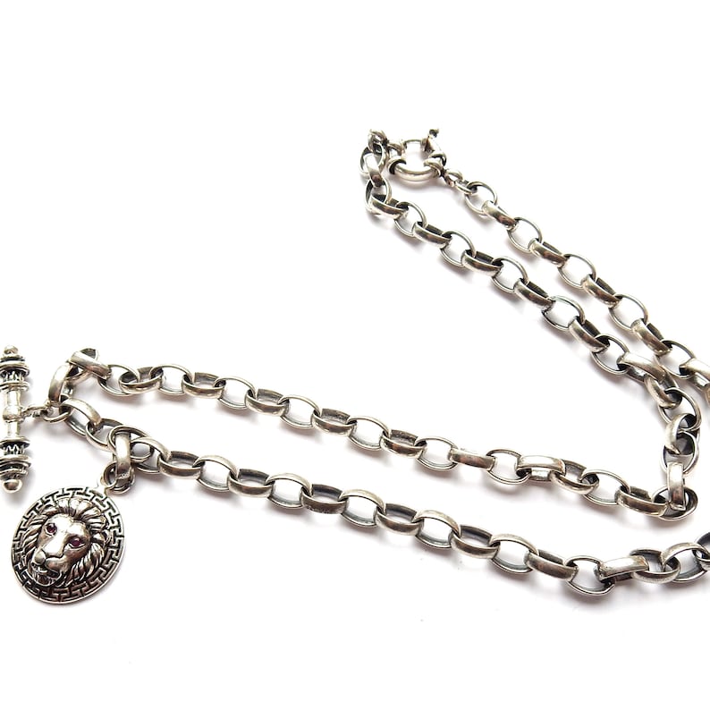 Chunky Sterling Silver Belcher T Bar Chain Ruby Lion Fob 20inches