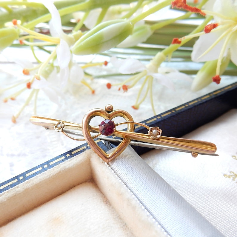 Antique 9ct Gold Ruby & Seed Pearl Heart Brooch