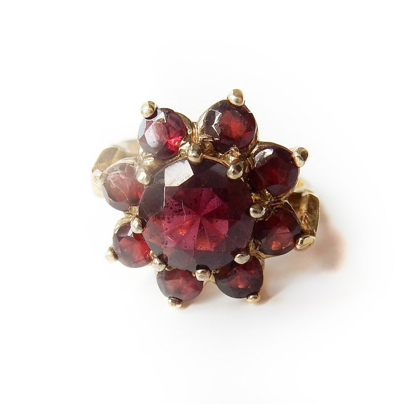 Vintage Gilt Metal Garnet Flower Ring January Birthstone Size 5.5