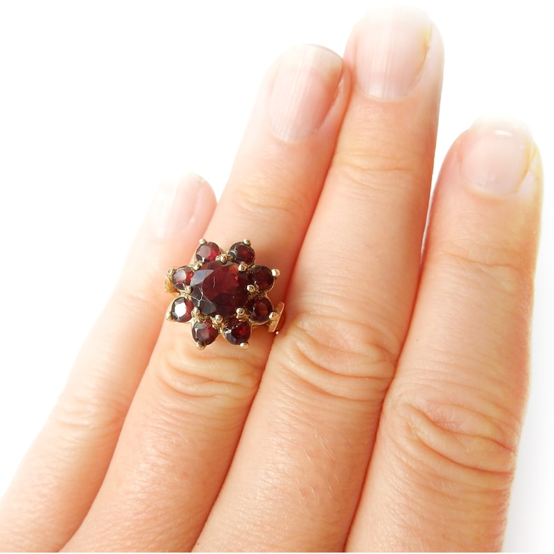 Vintage Gilt Metal Garnet Flower Ring January Birthstone Size 5.5