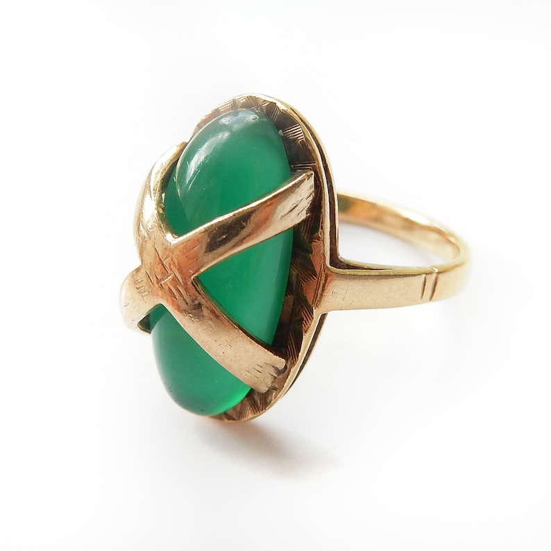 Antique Art Deco 9ct Gold Green Chrysoprase Gold Ring US Size 5.5