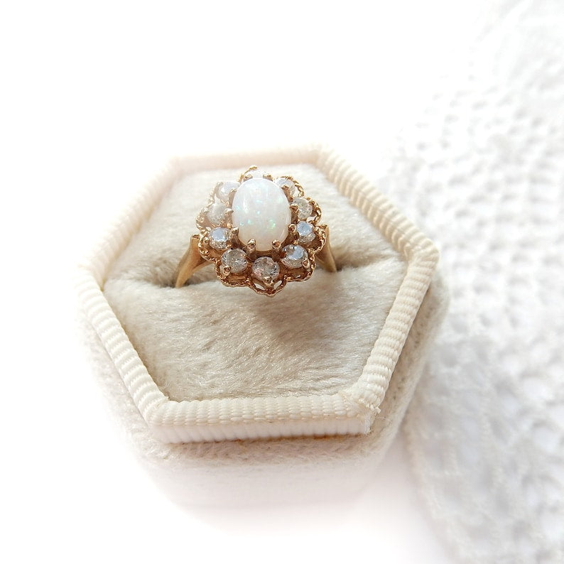 Vintage 9 Carat Gold Opal Daisy Ring US Size 5 October Birthstone