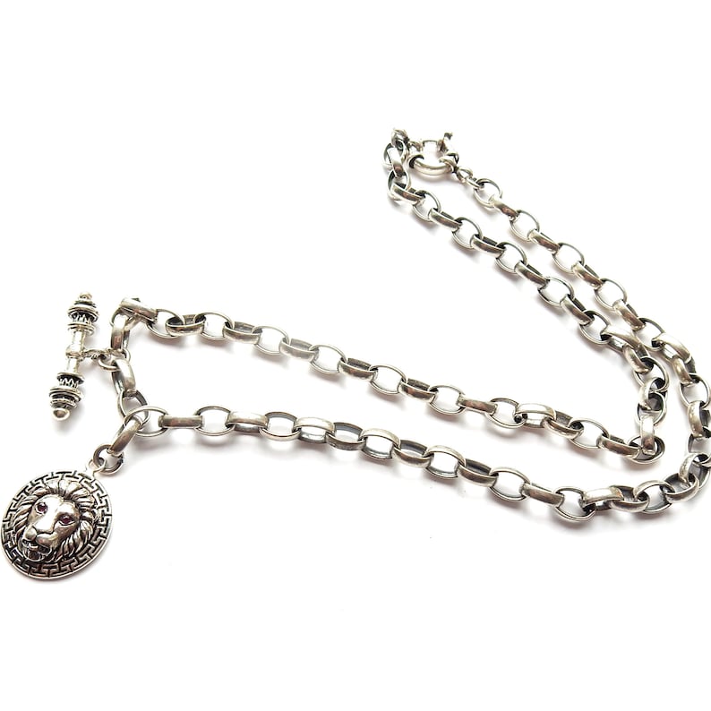 Chunky Sterling Silver Belcher T Bar Chain Ruby Lion Fob 20inches