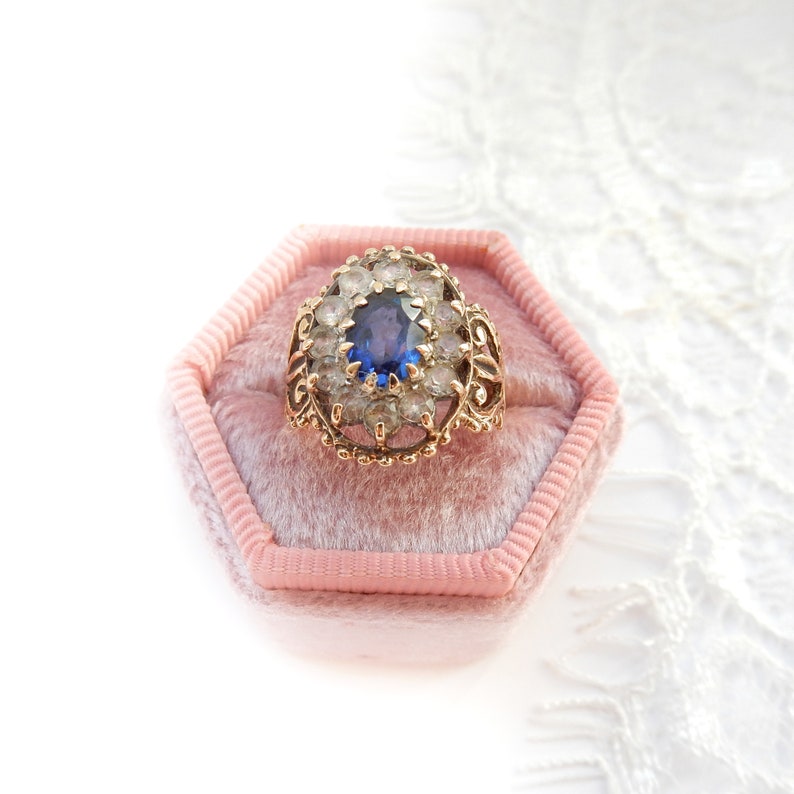 Victorian 9ct Gold Sapphire & Diamond Paste Ring Size 4 1/4