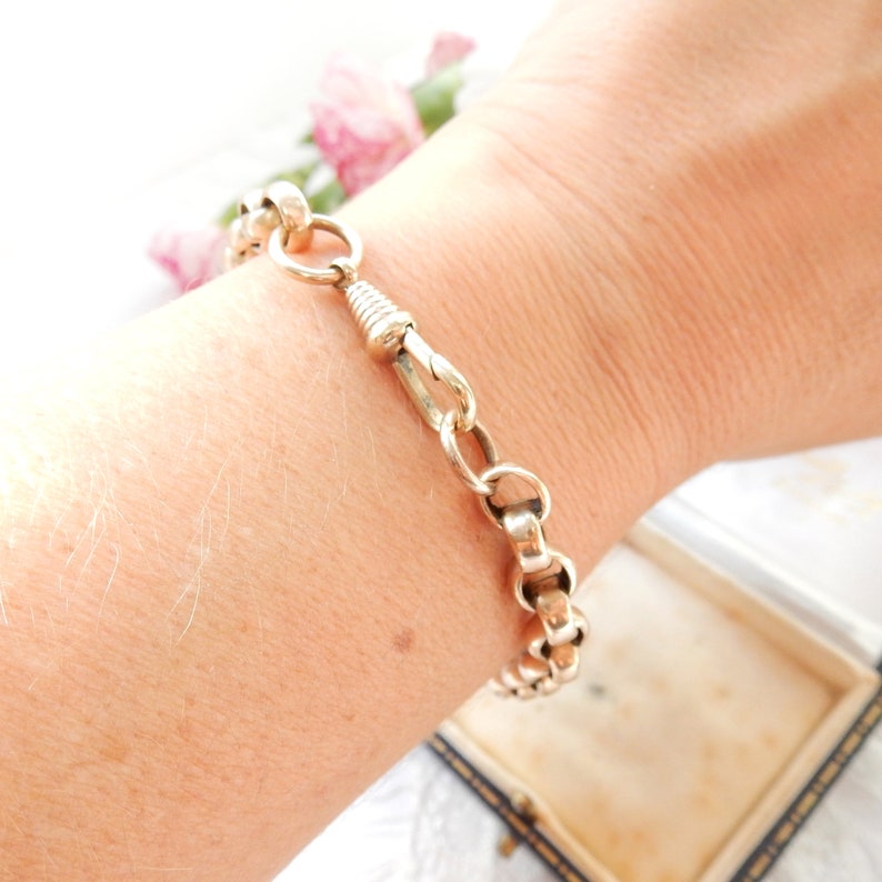 Antique Rolled Gold Belcher Link Chain Bracelet with Dog Clip 8 1/4"