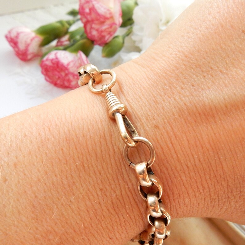 Antique Rolled Gold Belcher Link Chain Bracelet with Dog Clip 8 1/4"