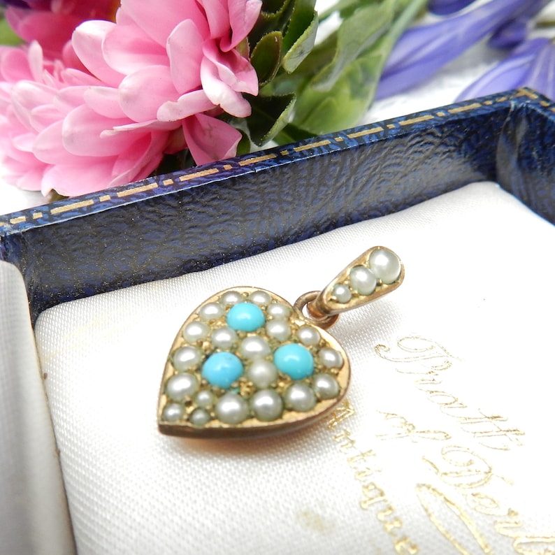 Edwardian Rolled Gold Seed Pearl & Turquoise Puffy Heart Charm