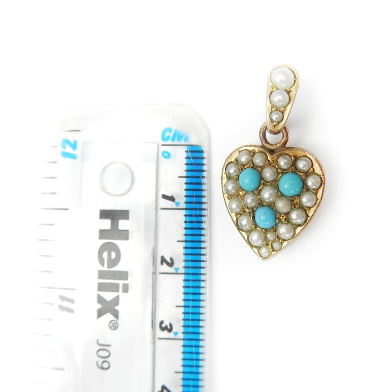 Edwardian Rolled Gold Seed Pearl & Turquoise Puffy Heart Charm