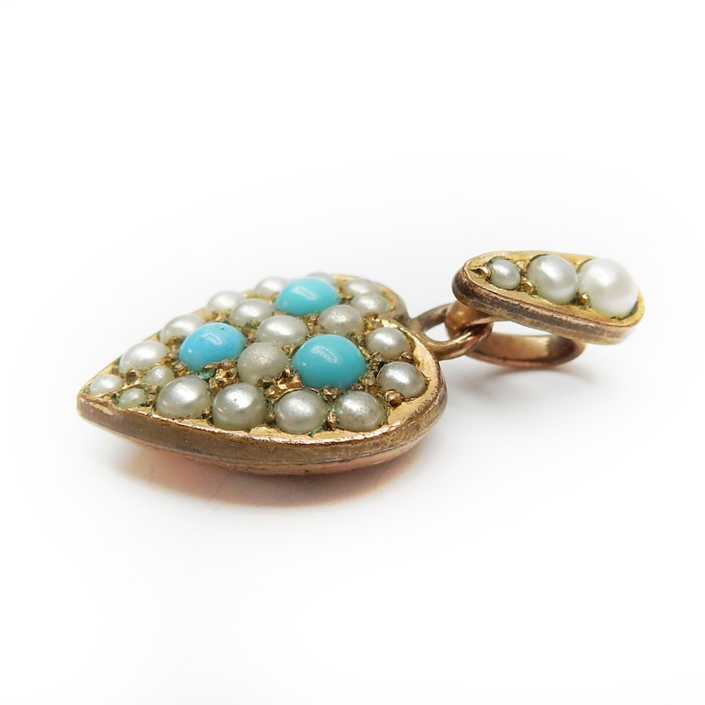 Edwardian Rolled Gold Seed Pearl & Turquoise Puffy Heart Charm
