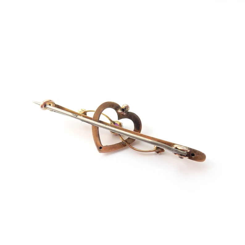 Antique 9ct Gold Ruby & Seed Pearl Heart Brooch