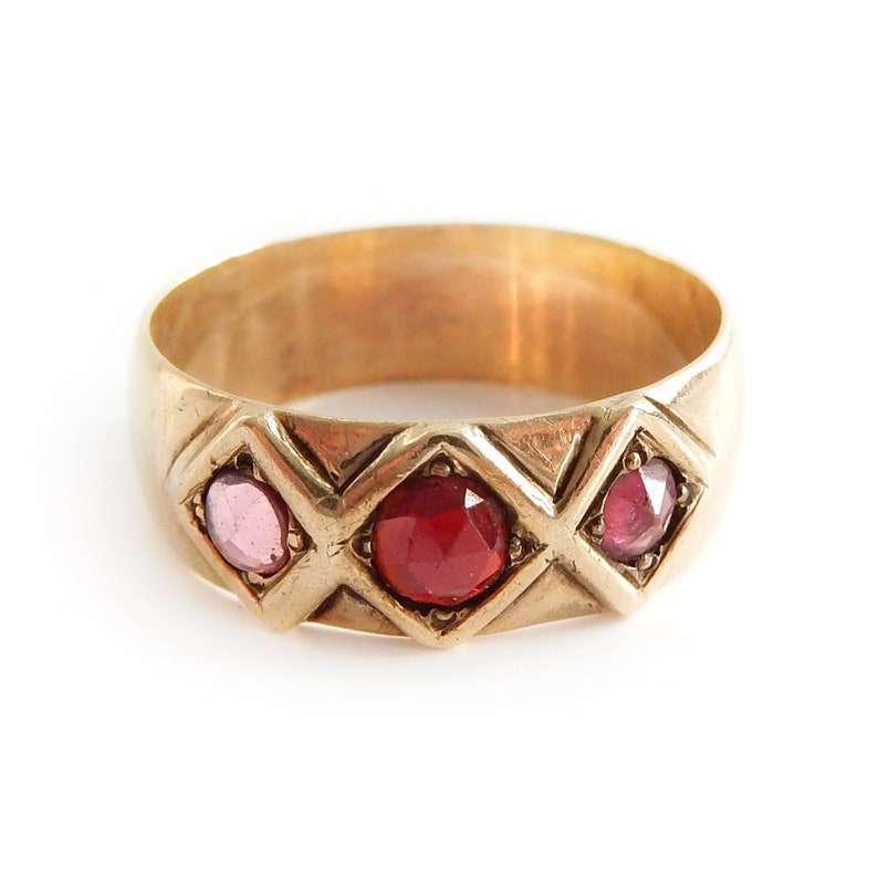 Antique 9k Gold Garnet & Ruby Gypsy Ring Size 9