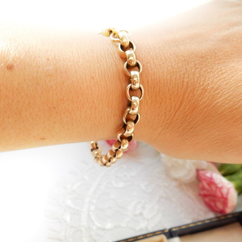 Antique Rolled Gold Belcher Link Chain Bracelet with Dog Clip 8 1/4"