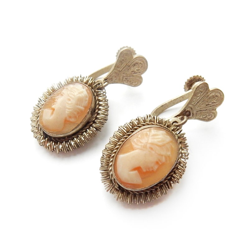 Antique Continental Silver Shell Cameo Lady Screw Back Earrings