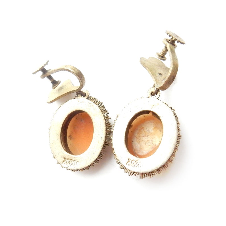 Antique Continental Silver Shell Cameo Lady Screw Back Earrings