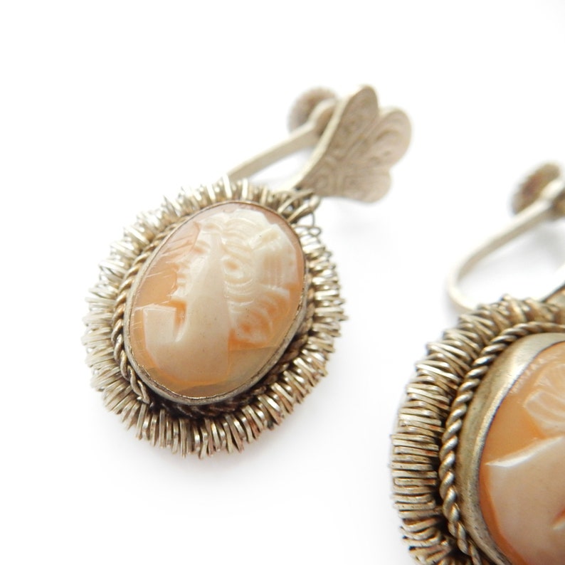 Antique Continental Silver Shell Cameo Lady Screw Back Earrings