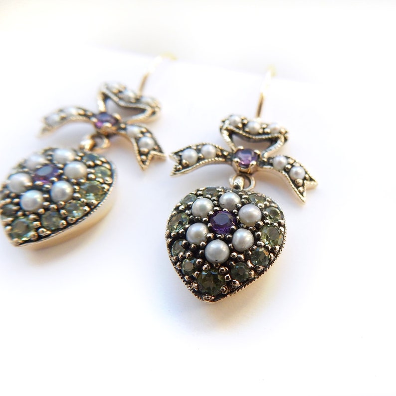9ct Gold Peridot Amethyst & Pearl Sweetheart Droplet Earrings
